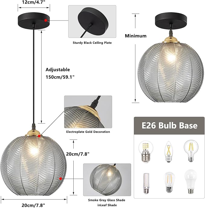 KCO Lighting Modern Smoke Gray Glass Pendant Light Kitchen Island Large Globe Farmhouse Pendant Lighting Adjustable Black Striped Glass Hanging Ceiling Lighting Fixtures Dining Room Lights