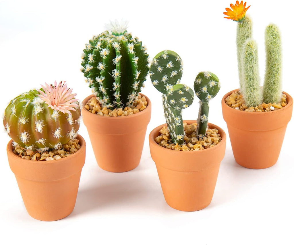 Oairse Mini Artificial Cactus Plants in Terracotta Pots 4 Pcs Potted Faux Succulents in Pots Fake Potted Plants Cactus Decor Small Artificial Plants for Home Decor Indoor Office Desk Tabletop Shelf