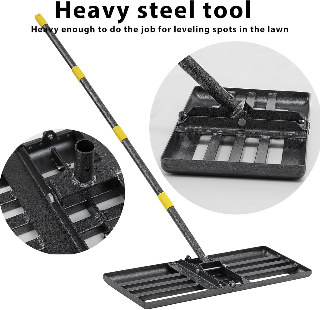 Lawn Leveling Rake, Heavy Duty Levelawn Tool for Garden Level Soil or Dirt Ground Surfaces Easily, 26” x 10” Ground Plate, Steel Handle Length is 65 inch