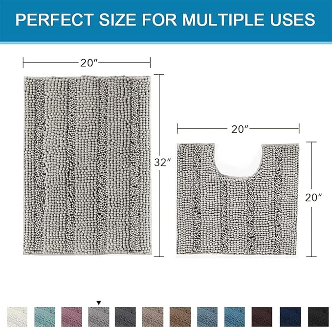 H.VERSAILTEX Bathroom Rugs Bath Rug Set 2 Piece Bathroom Contour Rug Toilet Mat Sets Non Slip Contour Bath Rug Ultra Thick Water Absorbent Striped Bath Mats Washable(20" x 32" Plus 20" x 20" U, Dove)