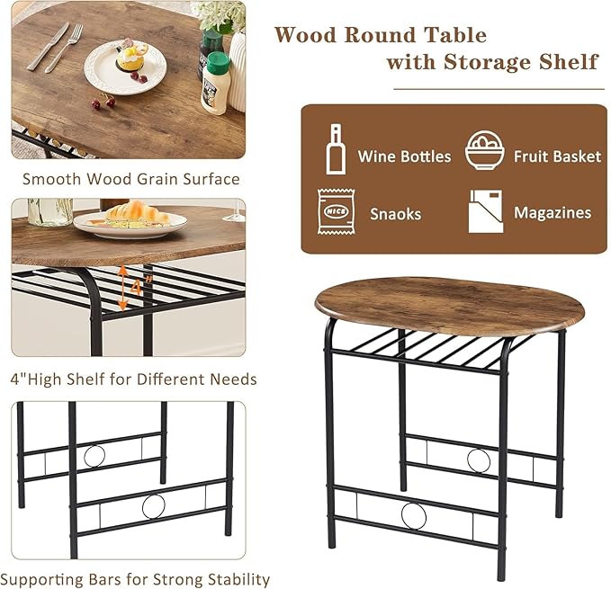 VECELO 3-Piece Dining Table Set for Kitchen Breakfast Nook, Wood Grain Oval Tabletop and Metal Frame with Built-in Wine Rack, for Small Spaces, 31.5", Antique & Black