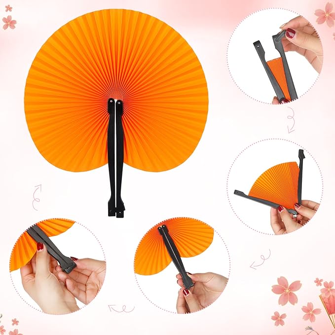 Handepo 200 Pieces Wedding Fans Folding Paper Fans Paper Fans Round Shaped Folding Fans Handheld Fan with Plastic Handle for Wedding Celebration Birthday Party Favor (Bright Colors)