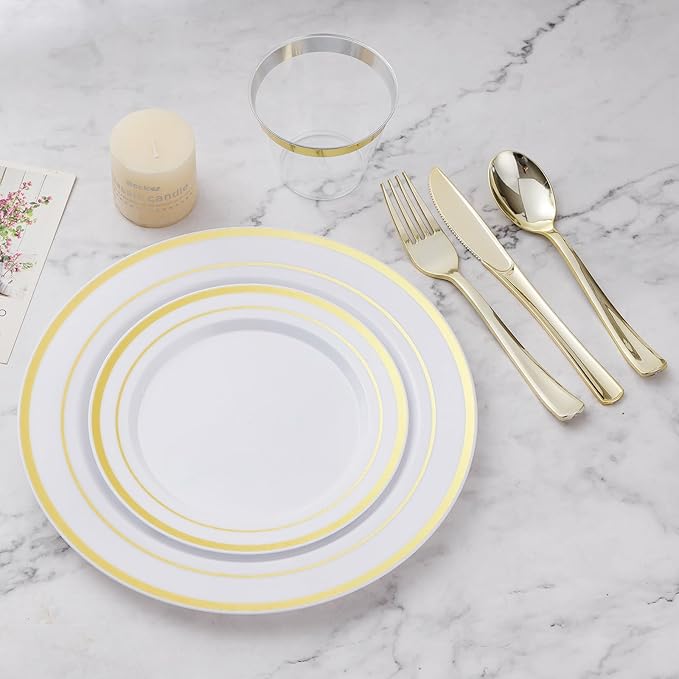 BESTVIP 150PCS Plastic Dinnerware Set (25 Guests), Gold Disposable Plates for Party, Wedding, Christmas, Anniversary, Includes: Dinner Plates, Dessert Plates, Cups, Spoons, Forks and Knives