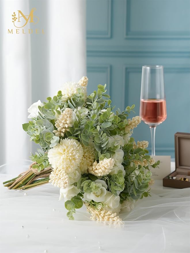 Meldel 3Pcs Rose Bouquet Artificial Fake Flowers Eucalyptus Plants Silk Flower Arrangements Wedding Bouquets Decorations Plastic Floral Table Centerpieces for Home Kitchen Garden Party Decor (White)