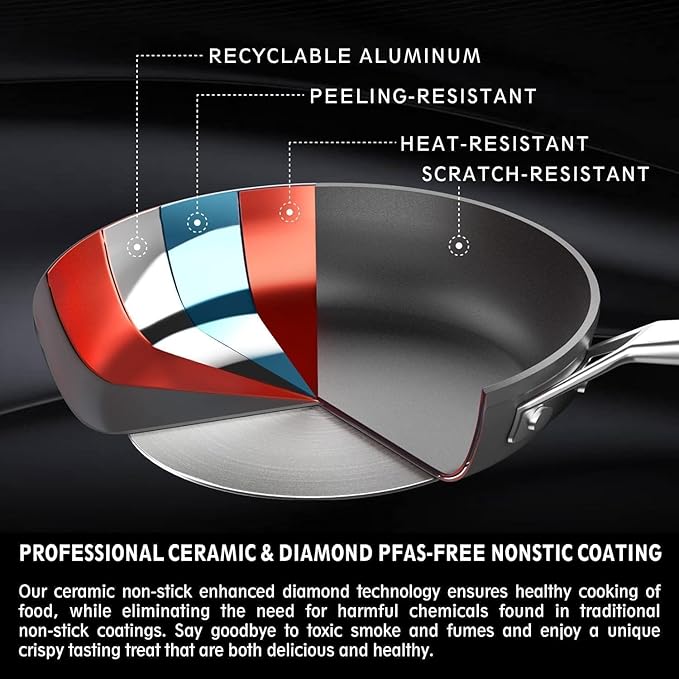 MsMk 11 Inch Nonstick Frying Pan with Lid，Titanium and Ceramic Nonstick skillet with lid, PFOA Free Non-Toxic, Stay-Cool Handle, Scratch-resistant, Induction Skillet With Lid for Induction, Ceramic