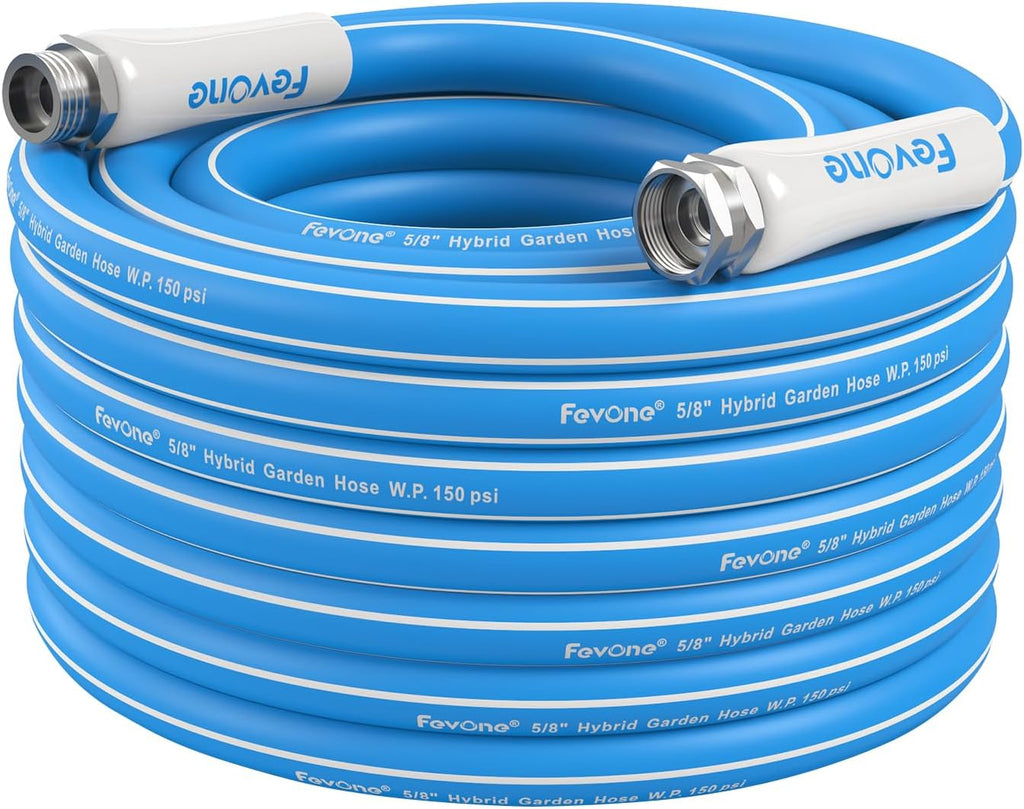 Fevone 50 ft x 5/8" Heavy Duty Garden Hose, Drinking Water Safe, Flexible & Kink-Free Hybrid Polymer Water Hose, Lightweight Outdoor Hose with 3/4" Solid Aluminum Fittings