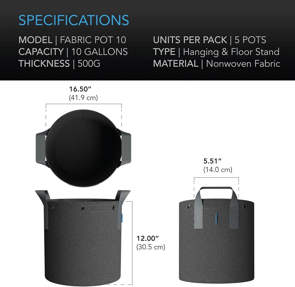 AC Infinity Heavy Duty Fabric Pots, 10 Gallon Aeration Reusable Grow Bags 5-Pack with 500G Thick Nonwoven Fabric and Multi-Purpose Rings, for Low Stress Plant Training Fruits, Vegetables, and Flowers