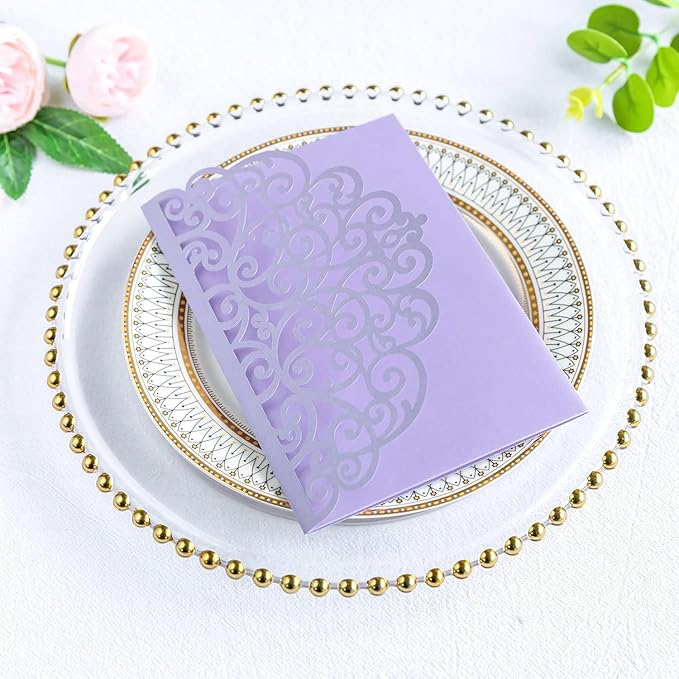 ponatia 20PCS Lilac Quinceanera Invitation Cards, Tri-Fold Laser Cut Wedding Invitations Pockets with Envelopes for 5x7 Wedding Invitation Crads, XV Anos, Baby Shower Party Invite