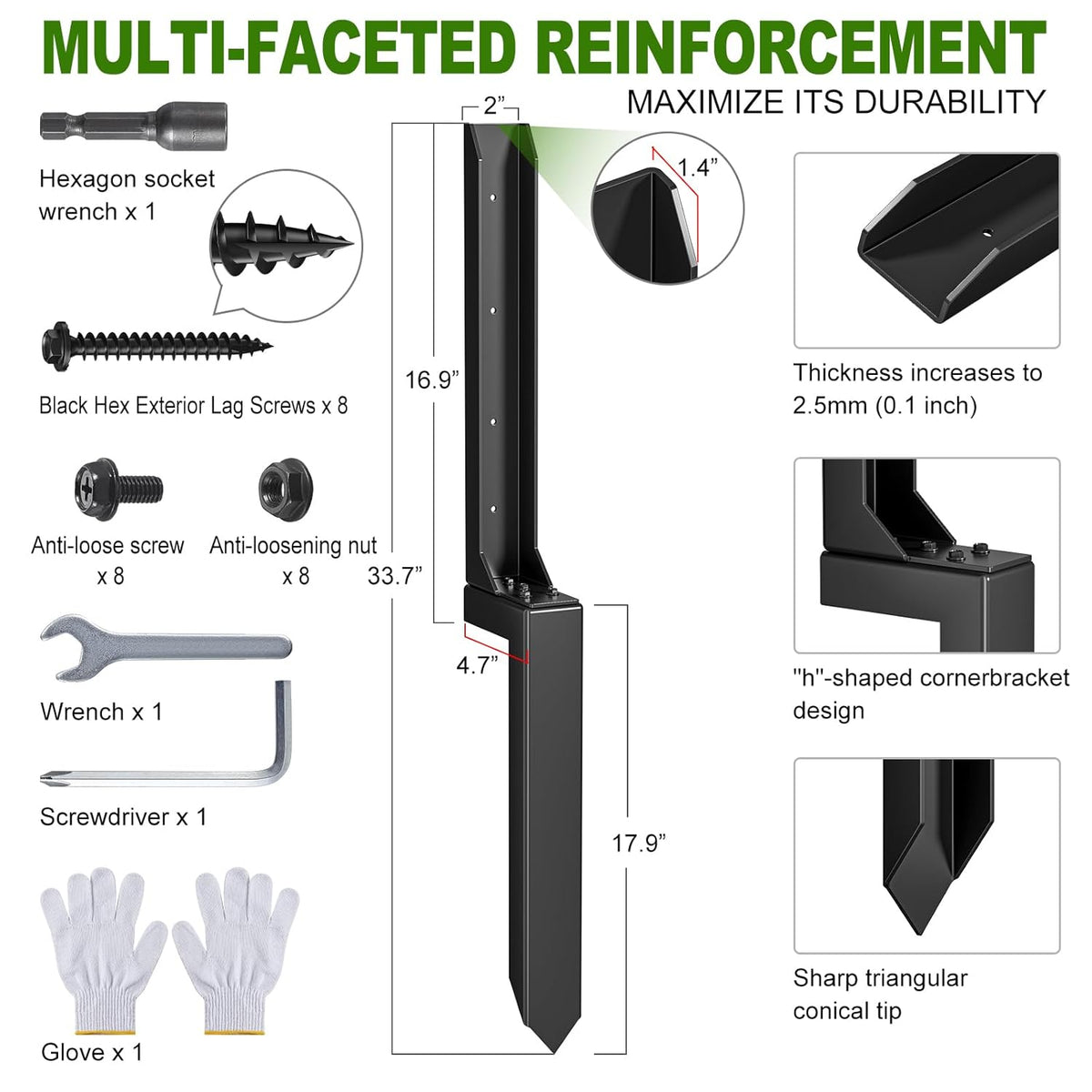 Fence Post Repair Kit，Heavy Duty Steel Fence Post Anchor Ground Spike ，Quick Fix Broken/Leaning Wood Posts with，and Fixed Fence Posts（2-Pack）
