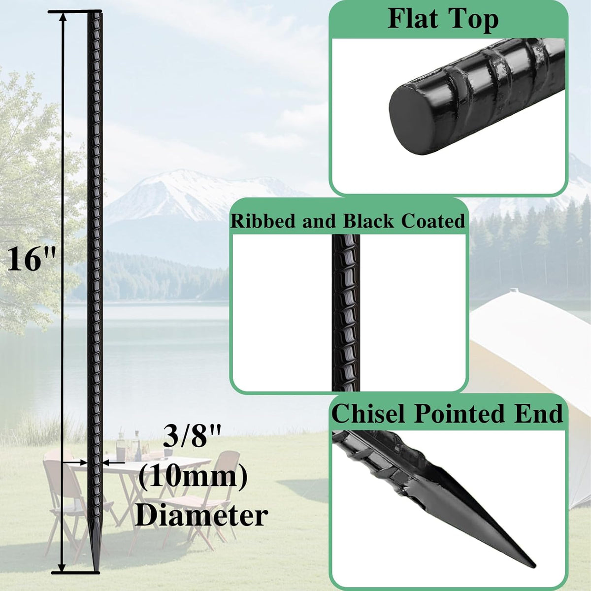 Rebar Stakes 16 Inch 20 Pack Heavy Duty Ground Anchors with Chisel Point End Long Straight Steel Tent Stakes 3/8" Thickness Metal Spikes Black Coated for Concrete Timber Camping Garden Plant