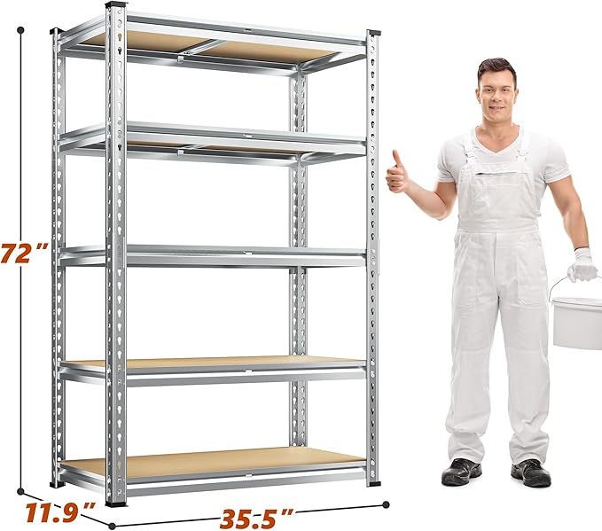 REIBII Garage Shelving, 5 Tier Storage Shelves Load 2020LBS, Adjustable Garage Shelves Heavy Duty, Metal Shelving Unit with Waterproof Columns, 35.5" W x 11.9" D x 72" H, Galvanized