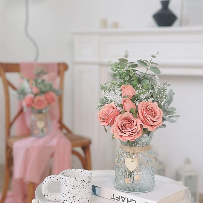 Faux Flowers with Vase,Artificial Silk Roses in Vase, Fake Plant Eucalyptus Flower Arrangement for Home Office Farmhouse Bathroom Dining Table Centerpiece Decorations Coffee Table Decor (Dusty Pink)