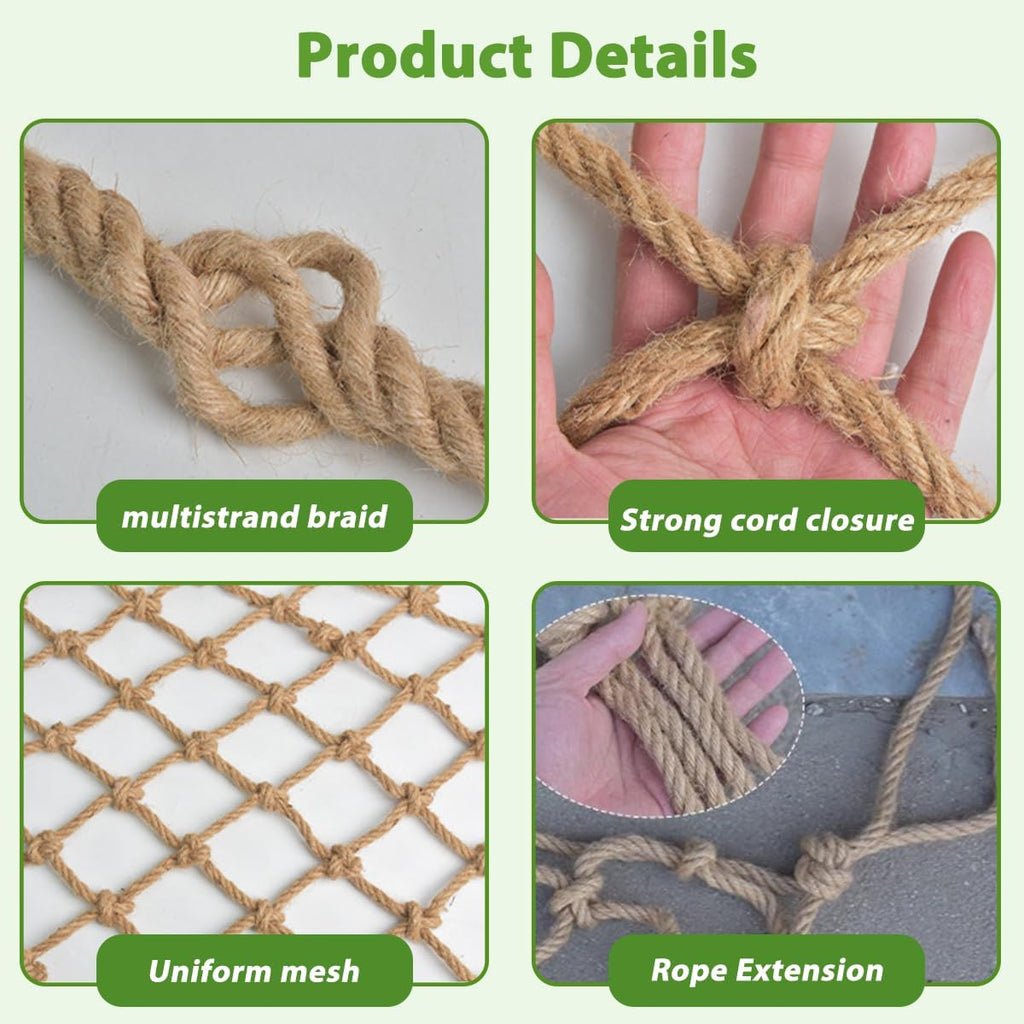 Natural Jute Hemp Rope Net,8mm Thick Safety Anti-Fall for Children Pet,Balcony Stairs Garden Playground Protection Net,Indoor & Outdoor Decor (Size:2M*8M(6.5FT*26.2FT))