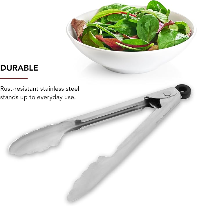 KitchenAid Set of 2 Stainless Steel Tongs with Scalloped Edges Easy Lock Dishwasher Safe Durable and Versatile Silver 7 Inch