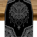 Lotus Flower Table Runner, Bohemian Ethnic Oriental Mandala Black White Floral Print Table Runner for Home Kitchen Dining Indoor Outdoor Dinner Party Decor, 13x60inch