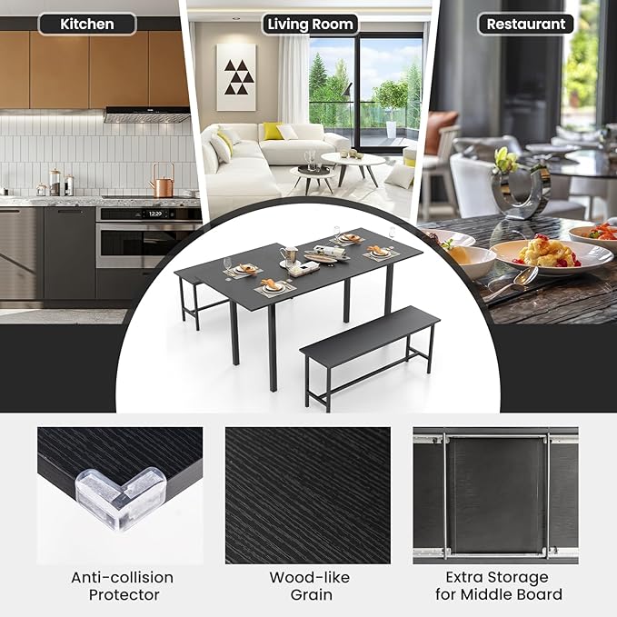 Giantex Dining Room Table Set for 4-6, 63” Extendable 3-Piece Dining Table Set with 2 Benches, Metal Frame, Dinette Table Set for Breakfast Nook, Kitchen Table Chairs (Black)