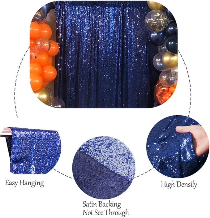 SquarePie Sequin Backdrop Curtain Not See Through Thick Glitter Background for Party 8FT x 10FT Navy Blue