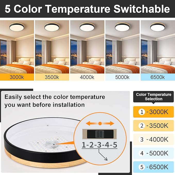 Dimmable Wood LED Ceiling Light Fixture, Black Round Low Profile Flush Mount Ceiling Lighting, Modern 5CCT 2700K-6000K Ceiling Lamp for Living Room Hallway Kitchen Bedroom, 15.8in