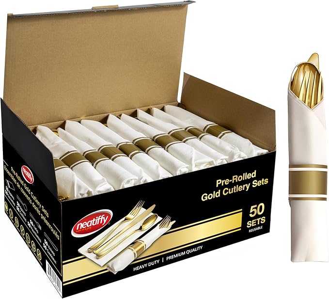 Neatiffy 50 Pack Gold Plastic Silverware Set, Pre Rolled Napkin and Cutlery Set with 50 Forks, 50 Knives, 50 Spoons, 50 Napkins, Utensils, Silverware for Parties, Weddings and Birthdays