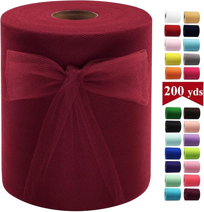 Burgundy Tulle Fabric Rolls 6 Inch by 200 Yards (600 feet) Fabric Spool Tulle Ribbon for DIY Burgundy Tutu Bow Baby Shower Birthday Party Wedding Decorations Craft Supplies