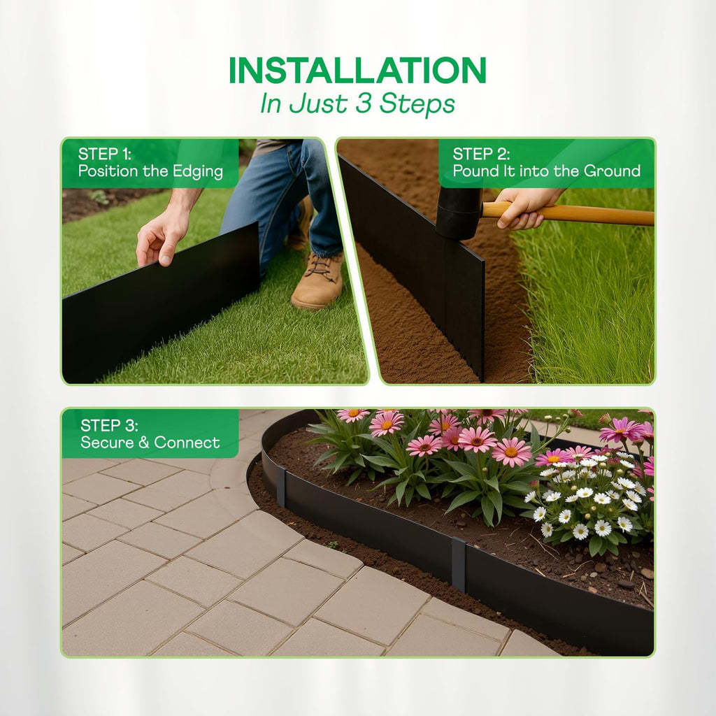 IDZO Black Metal Landscape Edging 6" H, Weather-Resistant Steel Garden Border, Flexible Lawn Barrier, Easy Installation for Flower Beds, Paths, Driveways, and Outdoor Spaces - 6 Pieces