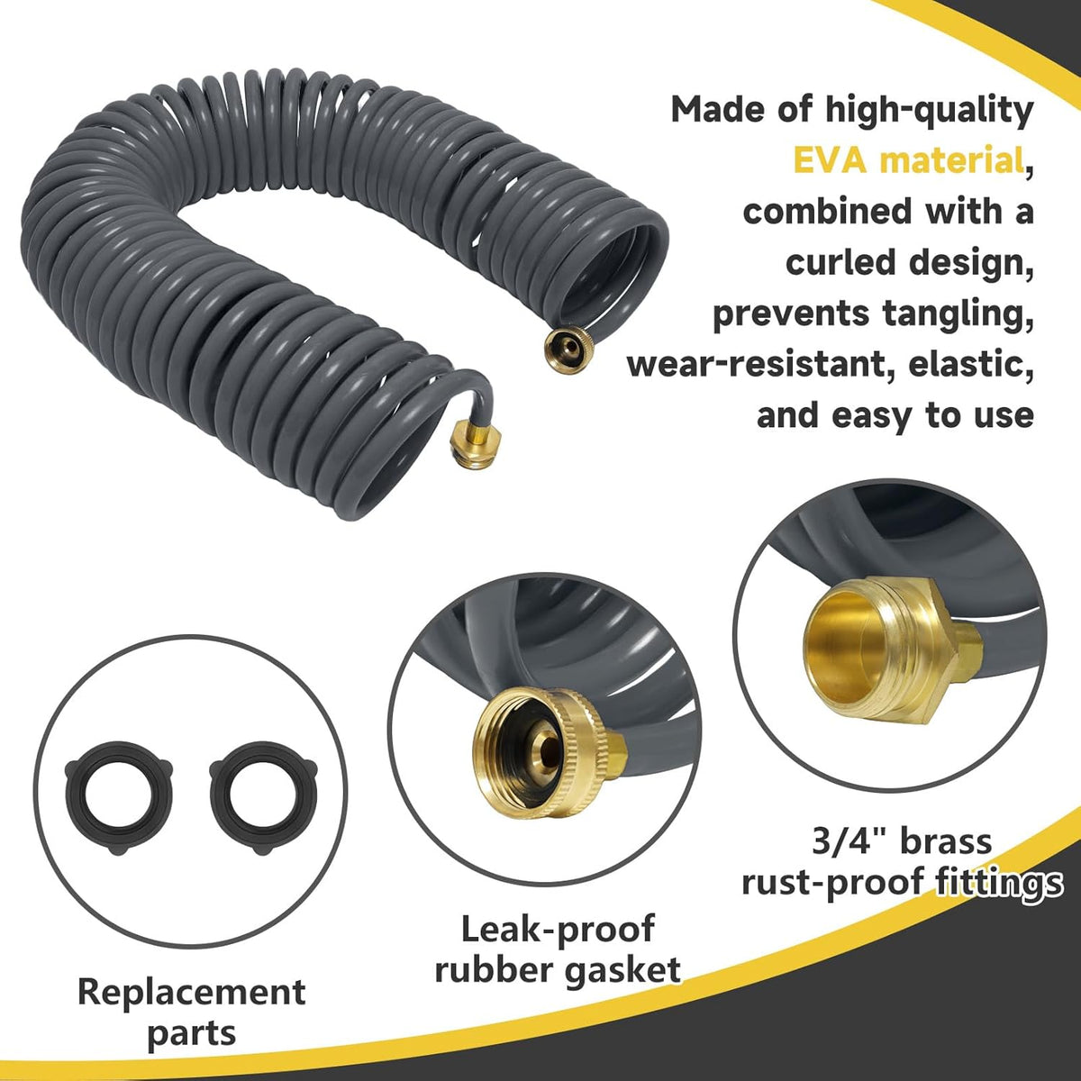 Coil Hose,3/8" EVA Coil Garden Hose 75 FT,Curly Water Hose Lightweight with Brass Connectors,Recoil Garden Hose Includes 8-Pattern Spray Nozzle for Boat, Yard, Patio, Green