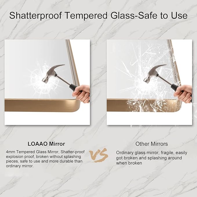 LOAAO 55”X30” Gold Bathroom Mirror, Rounded Rectangle Gold Frame Mirror, Brushed Gold Bathroom Vanity Mirror Wall-Mounted, Anti-Rust, Tempered Glass, Hangs Horizontally or Vertically