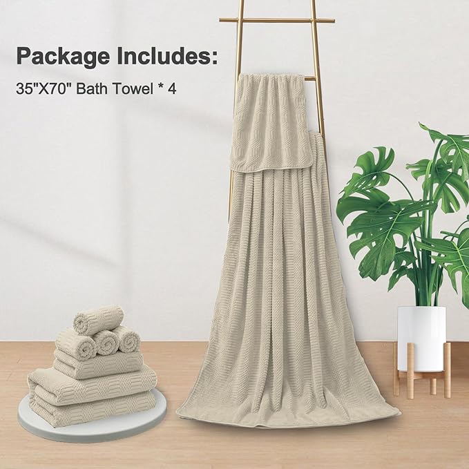4 Piece Oversized Bath Towels Set 35x70 Inches, Cream Extra Large Soft Bath Sheet Chair Towels 600 GSM Highly Absorbent Quick Dry Towels Set for Bathroom Hotel Spa