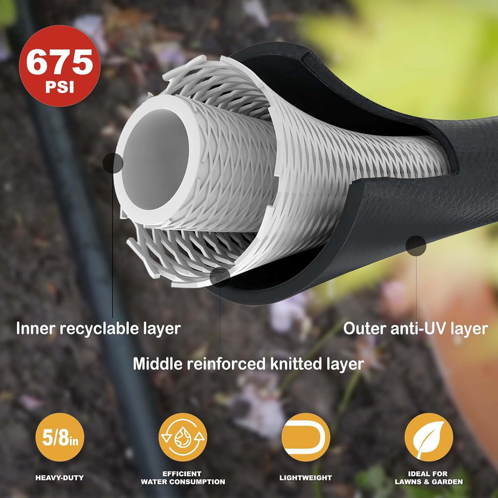 Hybrid Garden Hose 10FT - 5/8" Durable and Sturdy Short Rubber Hose with Brass Fittings - Leak Proof and High Functionality for Patio RV Car Wash and Tight Spaces