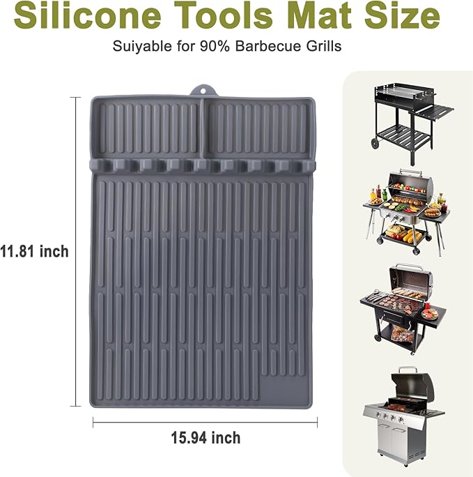 Silicone Grill Mat for Blackstone Silicone Griddle Tools Mat with Drip Pad Grill Pad for Outdoor Grill Kitchen Countertop (Gray)