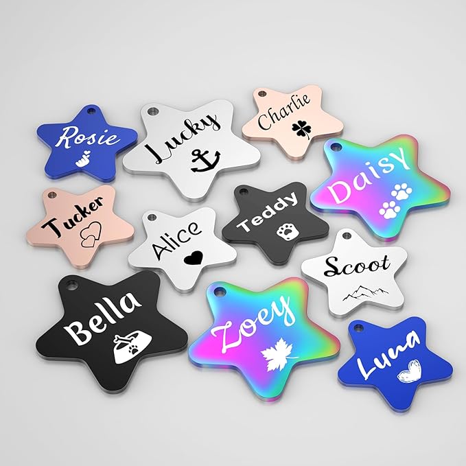 Dog Tags Engraved for Pets - YEHANTI Personalized Dog Tags with Lovely Icons, Durable Stainless Steel Pet ID Tags for Small Large Dogs Cats, Custom Dog Name Tags Engraved on Both Sides (Star)