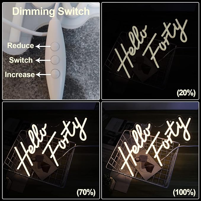 LED Hello Forty Neon Sign 16.5x9.4 inch - Dimmable Wall Decor for 40th Birthday, Bedroom, Office, Beauty Salon with USB Power