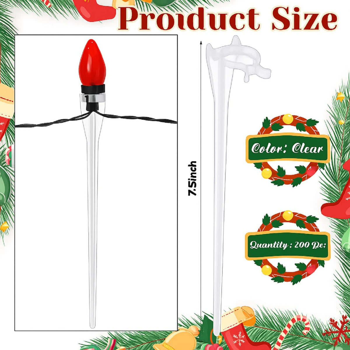 Jetec 200 Pieces Christmas Light Stakes Universal Yard Lawn Holiday 7.5 Inches Light Ground Stakes for C7 C9 String Lights Christmas Outdoor Lights Holders on Yards, Driveways (Clear)