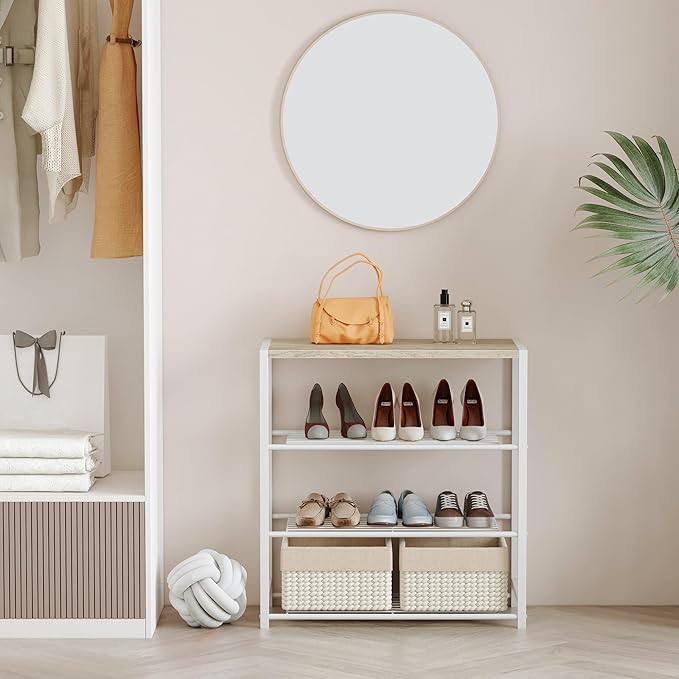 Yusong Shoe Rack Organizer, 4 Tier Industrial Shoe Storage Shelf for Closet Entryway, Narrow Sturdy Metal Shoe Shelves, White