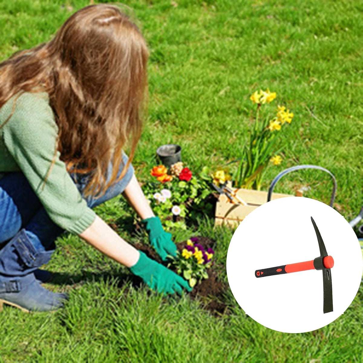 2 PCS 15 Inch Garden Pick Mattock, Pick Axe with Red Fiberglass Handle, Garden Mattock Pickaxe Tool for Gardening, Cultivating, Forged Steel Head