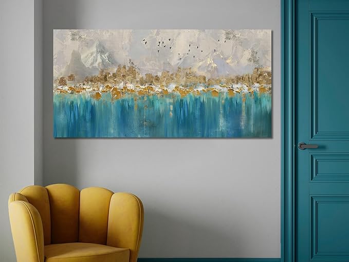 Arjun Teal Gold Abstract Wall Art Blue Turquoise Hand Painted Textured Painting Canvas Modern Grey Artwork Wooden Framed Large Size for Living Room Bedroom Bathroom Home Office Wall Decor, 48"x24"
