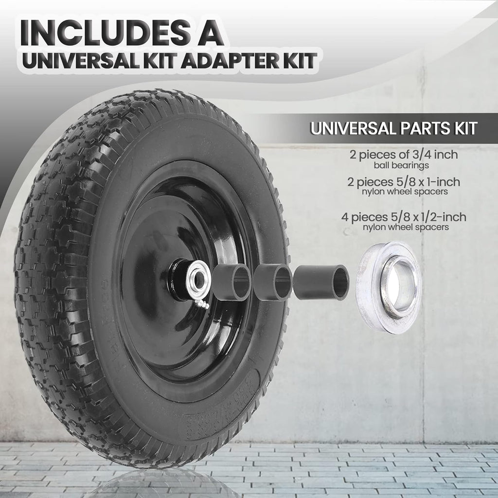 AR-PRO 4.80/4.00-8" Flat Free Tire and Wheel - 14.5" Solid Wheelbarrow Tires with 3" -7" Centered Hub and 5/8" Extra 3/4"Bearings - Universal for 4.80-8 4.00-8 4.00-6 3.50/3.00-8 Wheelbarrow Wheels