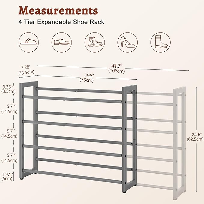 FAVOOSTY 4-Tier Expandable Shoe Rack, Adjustable Shoe Shelf Storage Organizer Space Saving Metal Free Standing Shoe Rack for Entryway Closet Doorway, Silver Grey