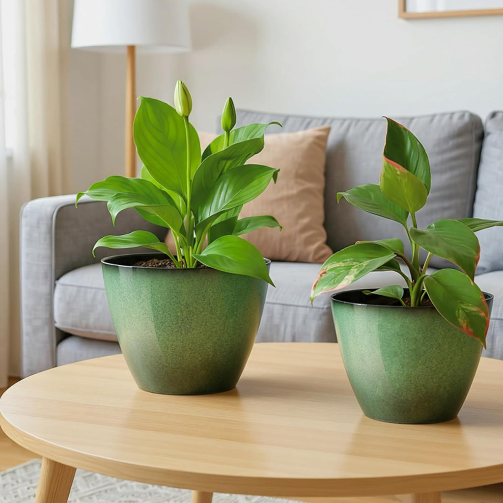 2 Pack Plant Pots for Indoor Outdoor Plants, 8 inch Plastic Flower Pots, Glazed Planter for Aloe, Herbs, Cactus (Green, 2pcs)