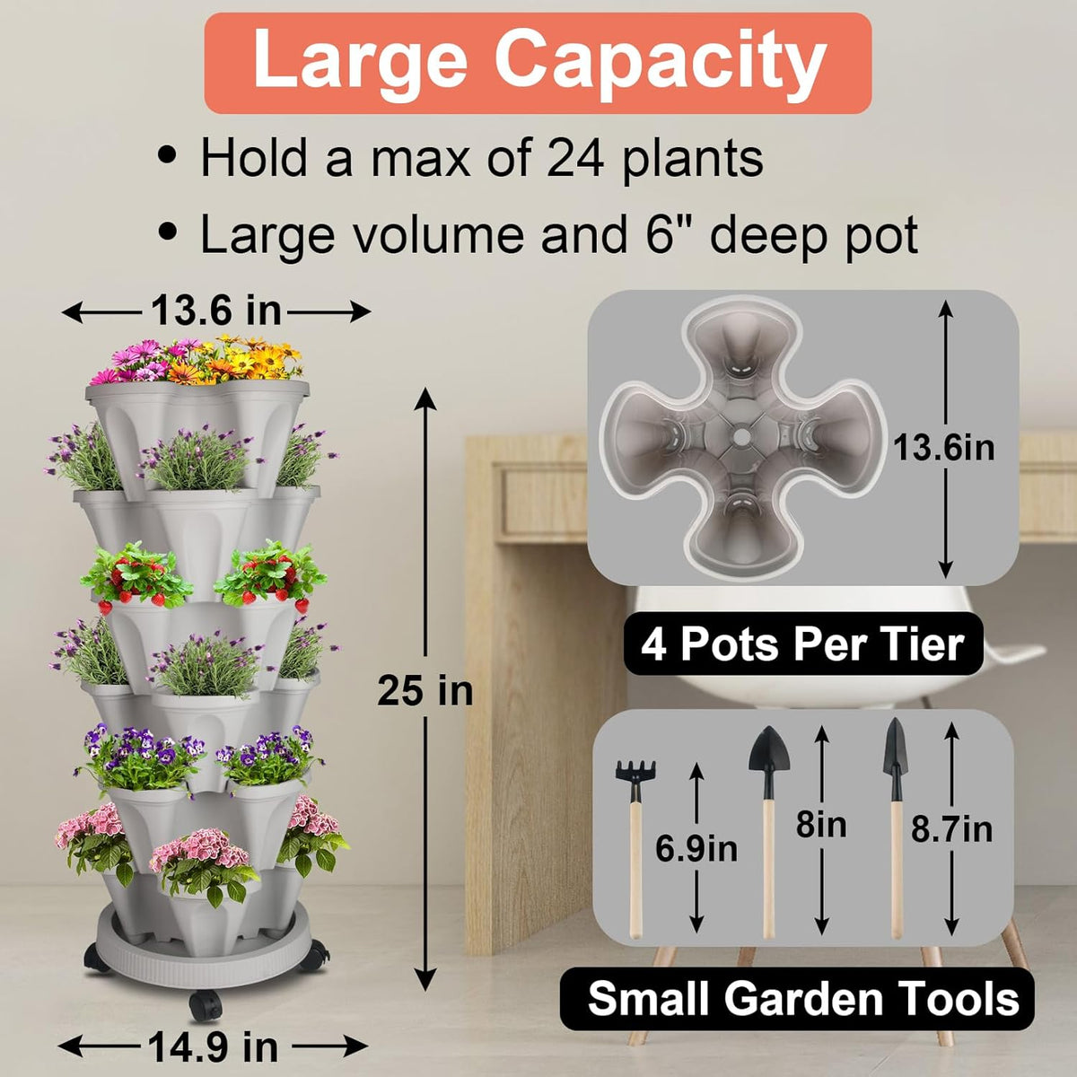 Vertical Planter 6 Tier Stackable Planters Garden Planters Strawberry Herb Flower and Vegetable Planter Indoor Outdoor Gardening Pots with Removable Wheels and Tools 2-Pack