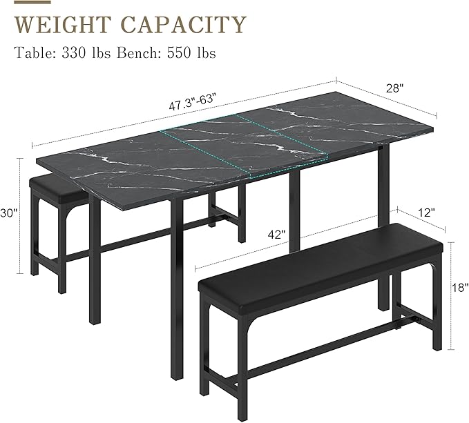 VECELO 3-Piece 63" Extendable Kitchen Table with Benches/Chairs, Modern Breakfast Dinette/Dining Room Set for 4/6/2, Small Space Saving Design, Easy Assembly