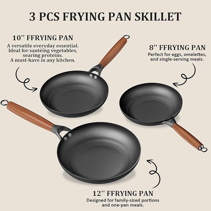 YUTANN Nonstick Frying Pan Set, 8" 10" 12" Ceramic Frying Pans, Pre-seasoned Cast Iron Pan Cookware Set with Removable Handle, Dishwasher Safe, Free of PFAS & PFOA, Compatible with All Stovetops