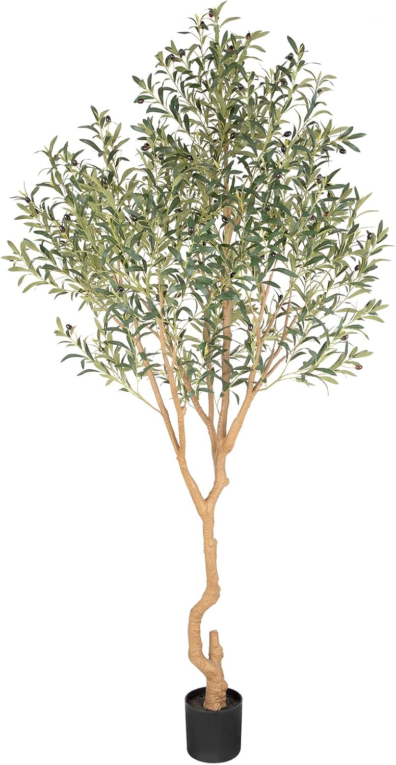 Tall Faux Olive Tree，8ft（96in） Realistic Potted Silk Artificial Olive Tree， Fake Olive Trees Indoor with Green Leaves and Big Fruits for Home Office Living Room Stairs Patio Decor.