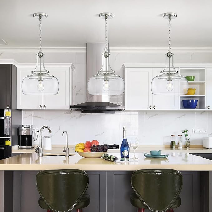 WUZUPS Chandelier Rustic Farmhouse Industrial Round Ceiling Pendant LED Light Fixture with Clear Glass Shades for Dining Room Kitchen Island Foyer Entryway, H 17" x W 13.4", E26 Base, Brushed Nickel