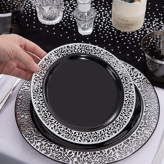 NOCCUR 210PCS Black and Silver Dinnerware Set for 30 Guests - Black Plastic Plates with Silver Rim Include 30 Dinner / 30 Dessert Plates, 30 Prewrapped Silverware, 30 Cups Ideal for Party, Halloween