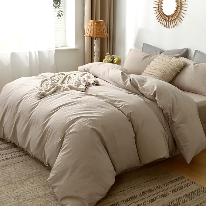 MooMee Bedding Duvet Cover Set 100% Washed Cotton Linen Like Textured Breathable Durable Soft Comfy (Heathered Taupe, Cal King 104"x98")