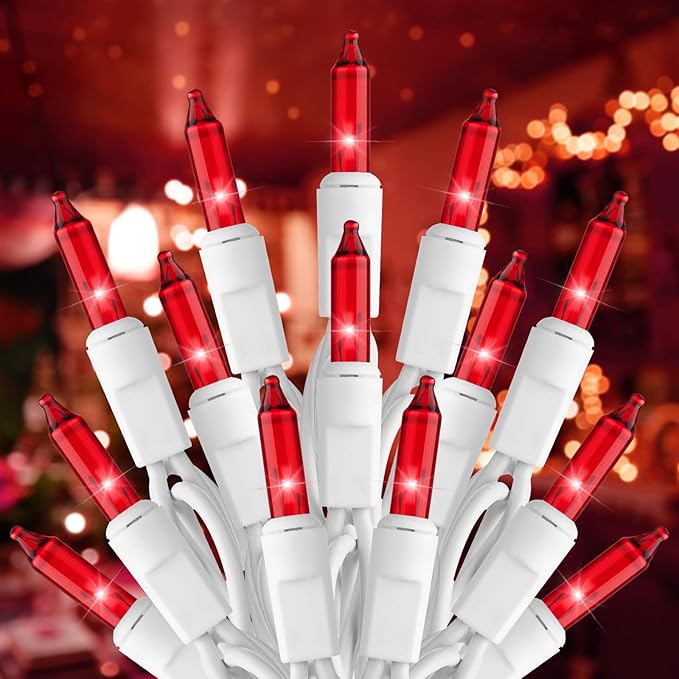 Brightown Red Mini String Lights, 100-Count 26.5ft Incandescent Bulb Valentine's Day Fairy Lights for Indoor Holiday Decoration, Christmas Tree Garland Wedding Party Multi-Use, White Wire