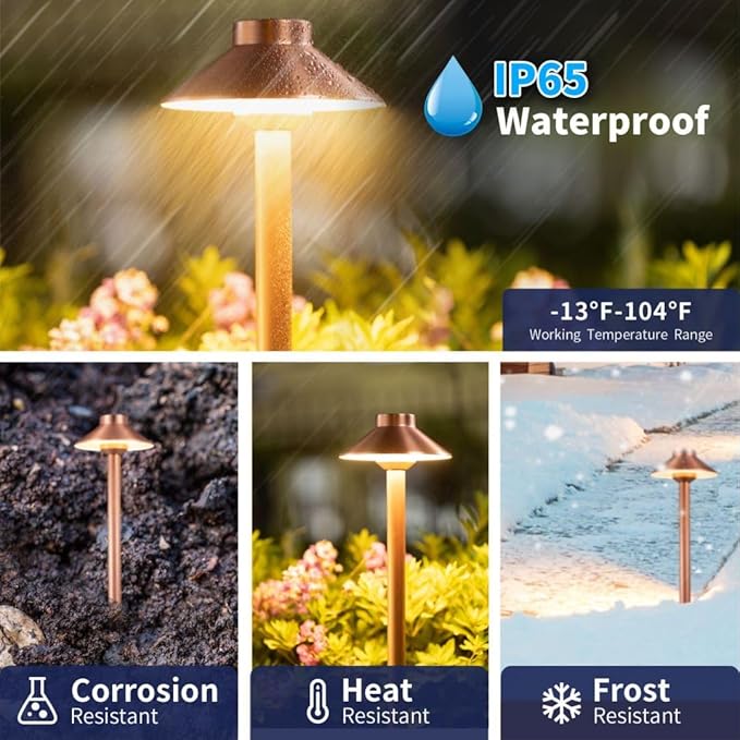 Waterproof Low Voltage Walkway Lights, Brass Copper Outdoor Pathway Light, IP65 LED Bronze Hat Top Sideway Lamp for Driveway Backyard Patio with 3W 270LM 4000K G4 Bulb 12 Pack