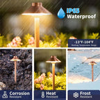Waterproof Low Voltage Walkway Lights, Brass Copper Outdoor Pathway Light, IP65 LED Bronze Hat Top Sideway Lamp for Driveway Backyard Patio with 3W 270LM 4000K G4 Bulb 12 Pack