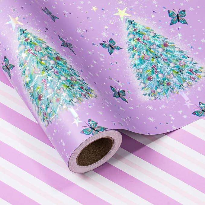 LeZakaa Christmas Purple Wrapping Paper Mini Roll, Christmas Tree Butterfly, Pink Purple Stripe Reversible Design for Winter Holiday Family Gathering, 17 inches x 32.8 Feet